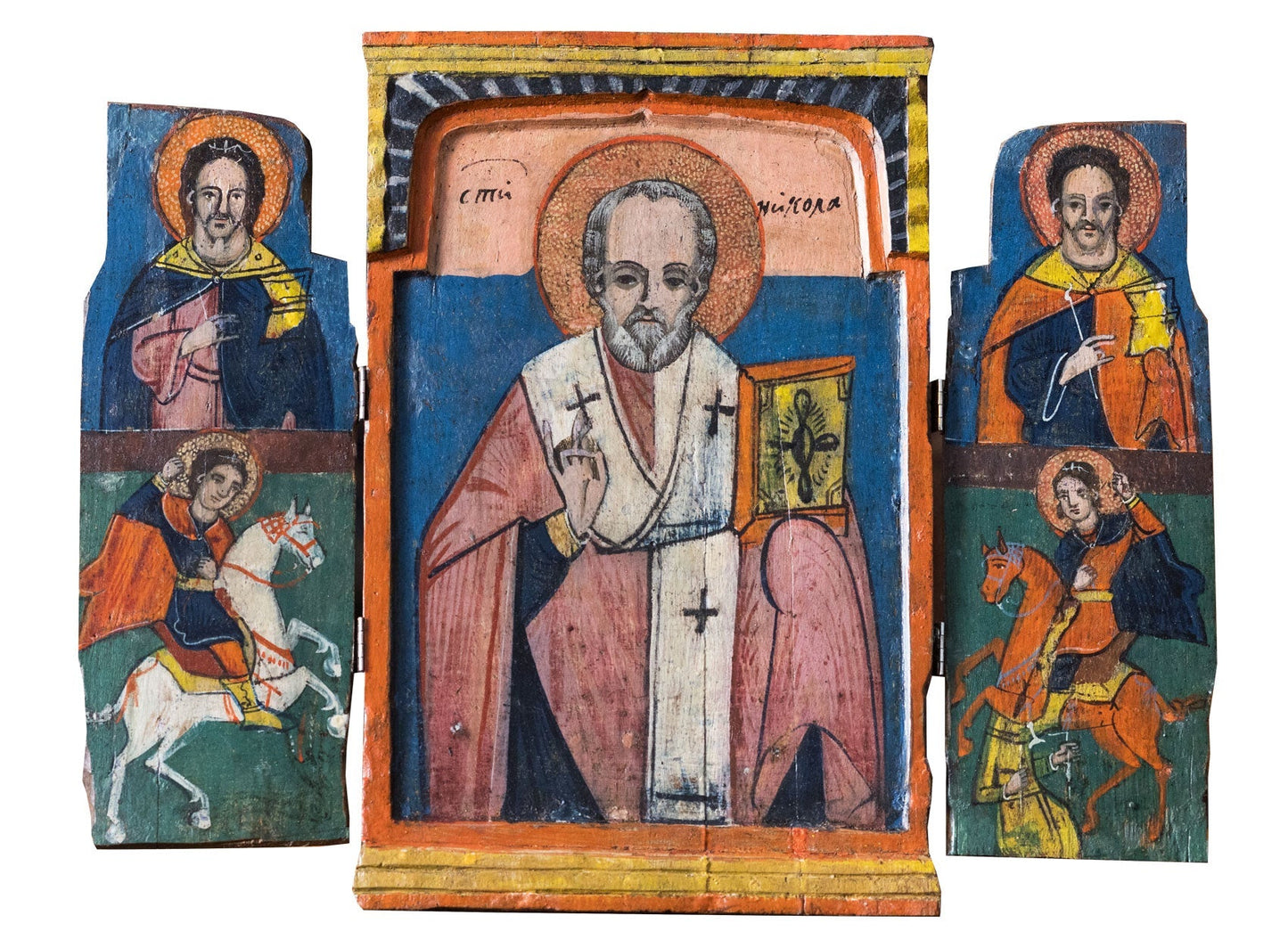 Triptic pe lemn „Sf. Nicolae in centru Sf. Gheorghe si Sf. Dimitrie jos Doi Ierarhi sus” - Icoane